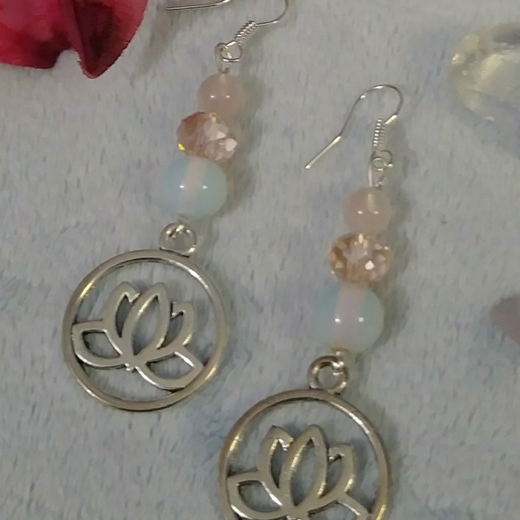 Lotus Flower Charm Rose Quartz Moonstone Earrings - Picture 2 of 3